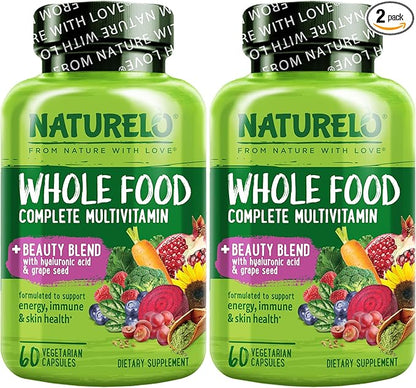 NATURELO Whole Food Multivitamin with Extra Hair, Skin & Nails Support - Beauty Blend with Hyaluronic Acid & Grape Seed - High Potency Biotin, Vitamin C, & Glutathione, 60 Vegan Capsules (Pack of 2)