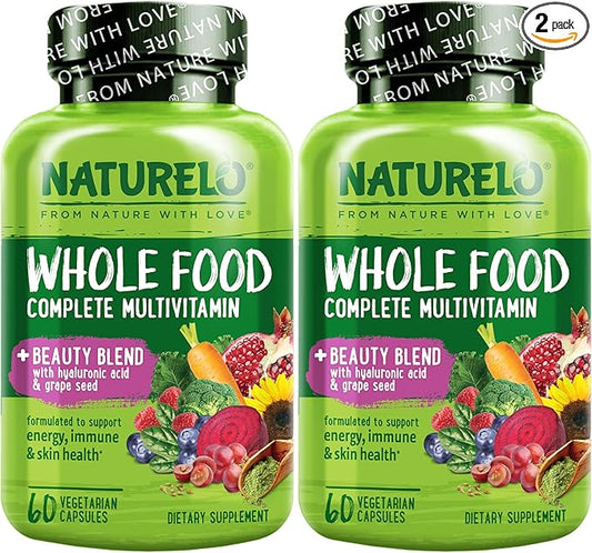 NATURELO Whole Food Multivitamin with Extra Hair, Skin & Nails Support - Beauty Blend with Hyaluronic Acid & Grape Seed - High Potency Biotin, Vitamin C, & Glutathione, 60 Vegan Capsules (Pack of 2)