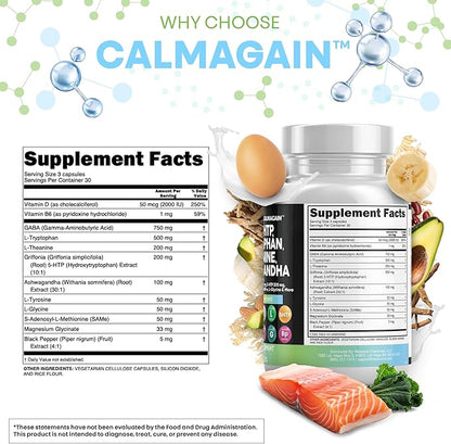 Clean Nutraceuticals GABA 750mg 5 HTP 200mg L Tryptophan 500mg L Theanine 200mg Ashwagandha SAM-e L-Glycine - Mood Support Vitamins for Women and Men with L-Tyrosine 5-HTP (5-Hydroxytryptophan)