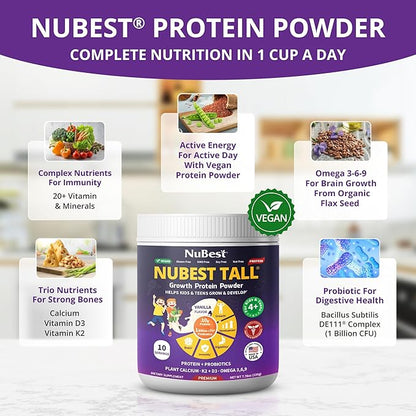 NuBest Tall Protein Powder for Kids & Teens - Vegan Vanilla Protein Powder Shake with Organic Red Algae Calcium, Probiotics, Omega 3-6-9, Vitamin D3 + K2 & Magnesium from Marine Algae - Pack 2