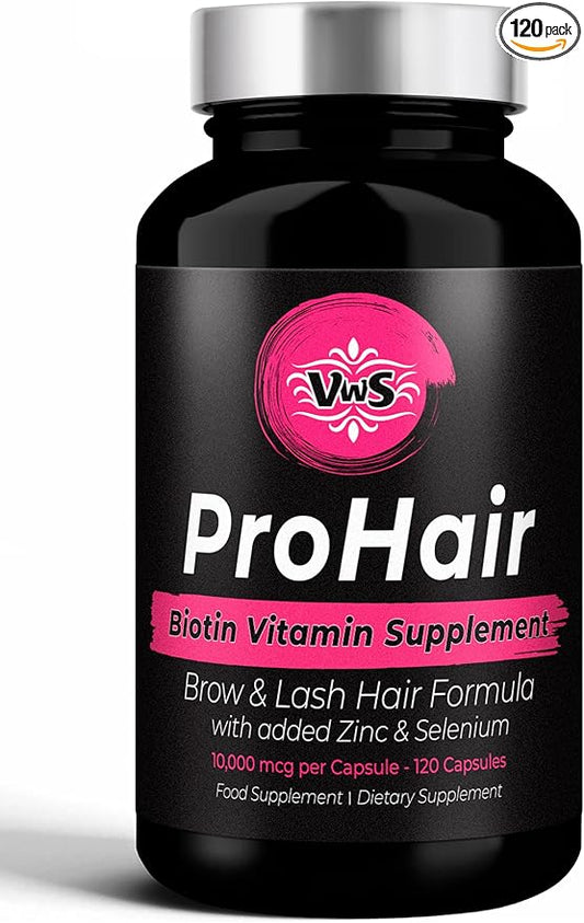 VWS Biotin 10,000 mcg Dietary Supplement w/Zinc & Selenium to Promote Thicker Hair Growth, Stronger Nails & Healthy Skin for Women and Men, 120 Vegan Capsules