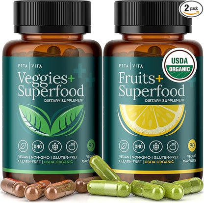 100% Organic Fruits and Veggies Supplement (USDA Organic - Made in USA) 180 Potent Fruits and Vegetable Capsules for Energy Boost & Daily Fruit and Vegetable Vitamins - Vegan, Non-GMO, Gluten-Free
