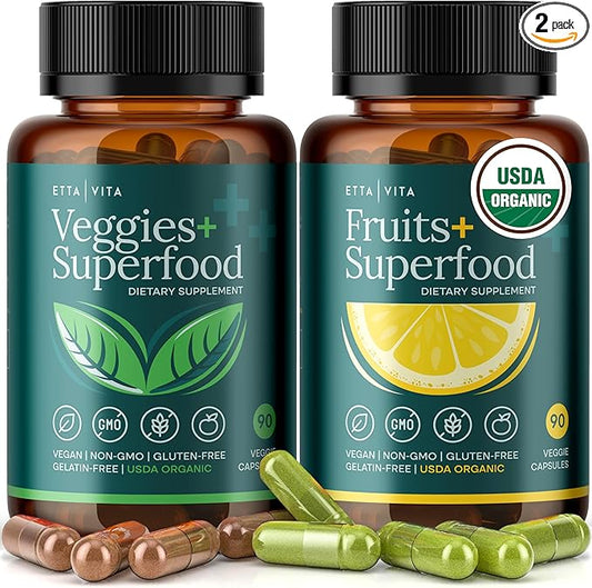 100% Organic Fruits and Veggies Supplement (USDA Organic - Made in USA) 180 Potent Fruits and Vegetable Capsules for Energy Boost & Daily Fruit and Vegetable Vitamins - Vegan, Non-GMO, Gluten-Free