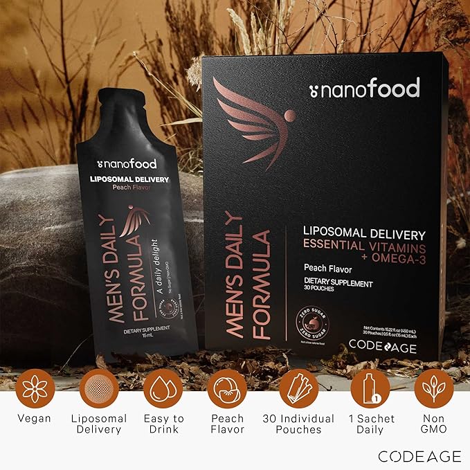 Codeage Daily Men Liquid Vitamins Supplement - Liposomal Multivitamin A, B, C, D, E, Biotin, Omega-3 & Omega-9 - Folate, Niacin, BlackBerry, Vegan - Sugar-Free & Non-GMO - 30 Pouches