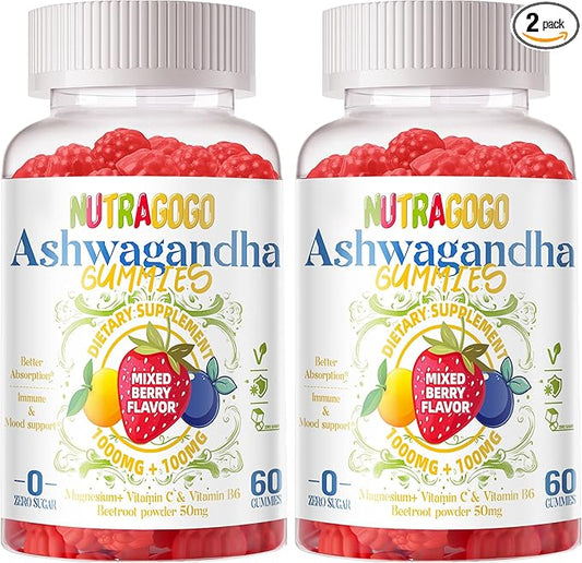 Ashwagandha Gummies & Vitamin D3 Gummy 120 Count - Organic Aswangdha Supplement for Improve Sleep, Stress Relief & Mood Calm(Mixed Berry,Vegan,Plant Based,Gluten-Free & Gelatin Free) Pack of 2