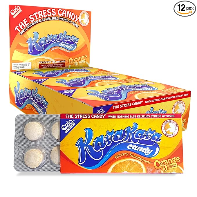Ozia Originals Kava Kava Candy - 8 Kava Candies Per Pack, Kava Extract Stress Relief Supplement, Natural Kava Root Chill Happy Pill, Encourages Positive Mood - Orange Flavor, 1 Box (12 Packs)