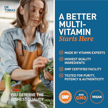 Dr. Tobias Adult Multivitamin for Women & Men, Immune Supporting Vitamins from 42 Fruits, Vegetables, Plus Probiotics, Vegan Multivitamins for Men & Women, Non-GMO, 90 Tablets, 30 Servings