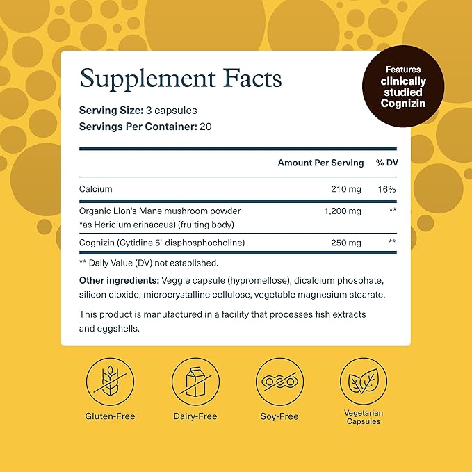 Youtheory Lion's Mane Plus - Mushroom Supplement with Cognizin - Offers Focus & Brain Support* - 60 Vegetarian Capsules