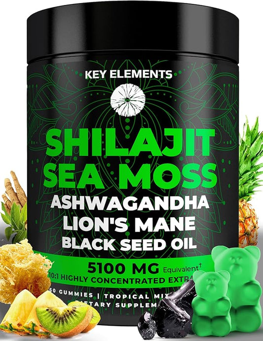 Organic Shilajit Gummies with Sea Moss Gummies - Shilajit Supplement for Immune Support - Pure Himalayan Shilajit and Ashwagandha with Sea Moss and Shilajit, Lion’s Mane Extract and Black Seed Oil