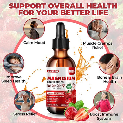 Magnesium Glycinate Liquid - 1500mg Maximized Absorption Magnesium Complex Supplement to Support Stress Relief, Night, Heart Health, Nerves and Muscles - Strawberry Flavor (60ml)