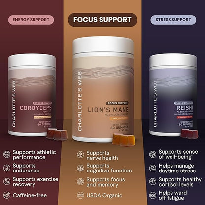 Charlotte's Web Focus Support Mushroom Gummies for Focus and Energy w/Lion’s Mane, Natural Cognitive Support Lions Mane Gummies for Adults — Tangerine Flavor (30 Servings)