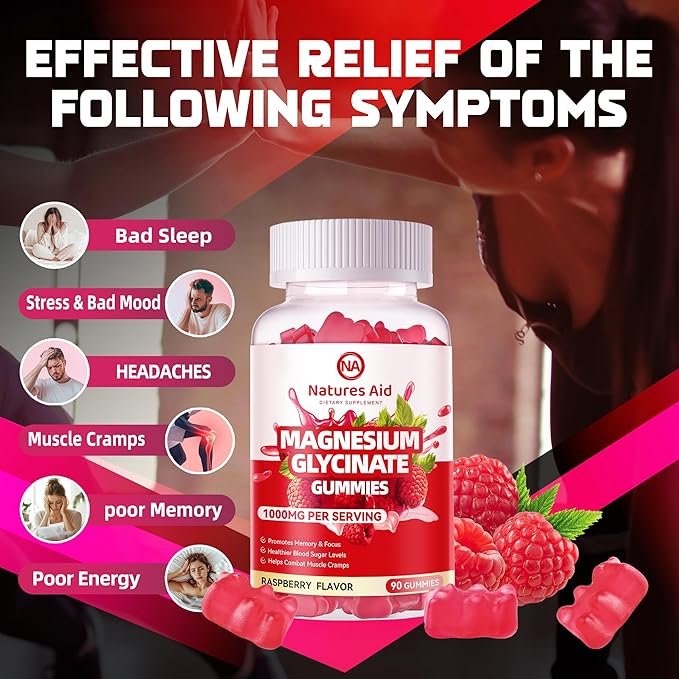 Magnesium Glycinate Gummies 1000mg - Sugar Free Magnesium Potassium Supplement with Vitamin D, B6, CoQ10 for Calm Mood & Sleep Support - 90 Raspberry Gummies.