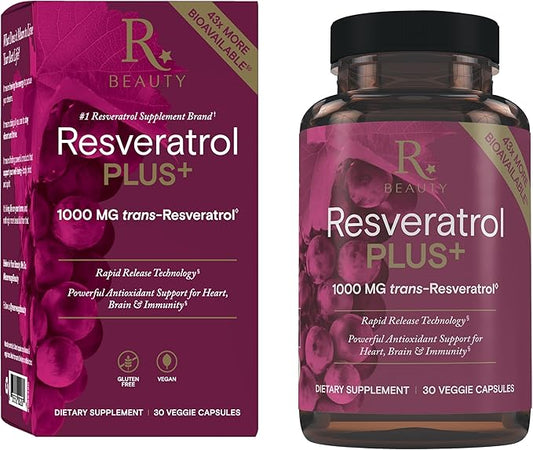 Reserveage Beauty Resveratrol Plus+ 1000 mg - Rapid-Release Resveratrol Capsules with Quercetin for Immune System, Brain Health & Cellular Health - Gluten-Free & Vegan - 30 Veggie Capsules
