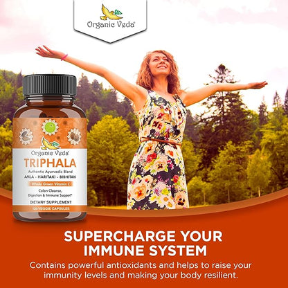 Organic Veda Triphala Capsules - Ultra Concentrated Amla Extract Organic Triphala Supplement with Natural Vitamin C - for Colon Cleanse, Skin Radiance, Immunity & Digestion - 120 Vegan Pills