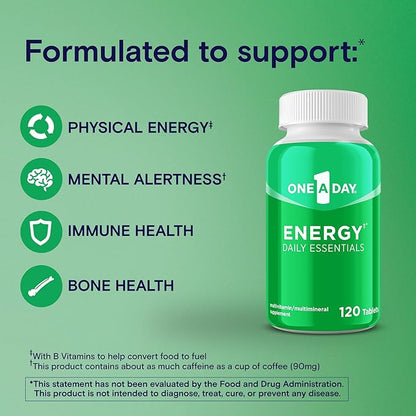 One A Day Energy Daily Essentials Multivitamin, Energy Supplement to Support Mental Alertness and Immune Health with Vitamins A C, D, E, Zinc and Caffeine, 120 Count