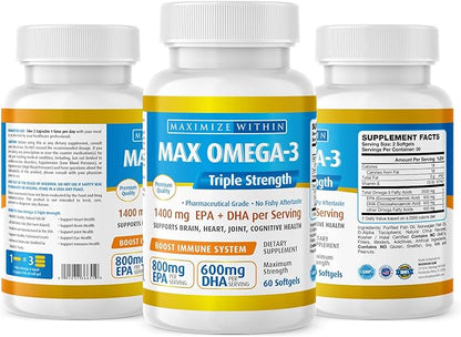 Maximum Slim Max Omega 3 Fish Oil Pills - Triple Strength Fish Oil Supplement (2000 mg Total Omega 3 Fatty Acids: 600mg DHA + 800 mg EPA per Serving)