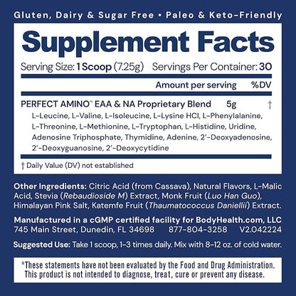 BodyHealth PerfectAmino Powder - BCAA and EAA Powder for Pre and Post Workout - Amino Acid Energy Drink for Men and Women to Support Lean Muscle and Recovery - Strawberry - 30 Servings