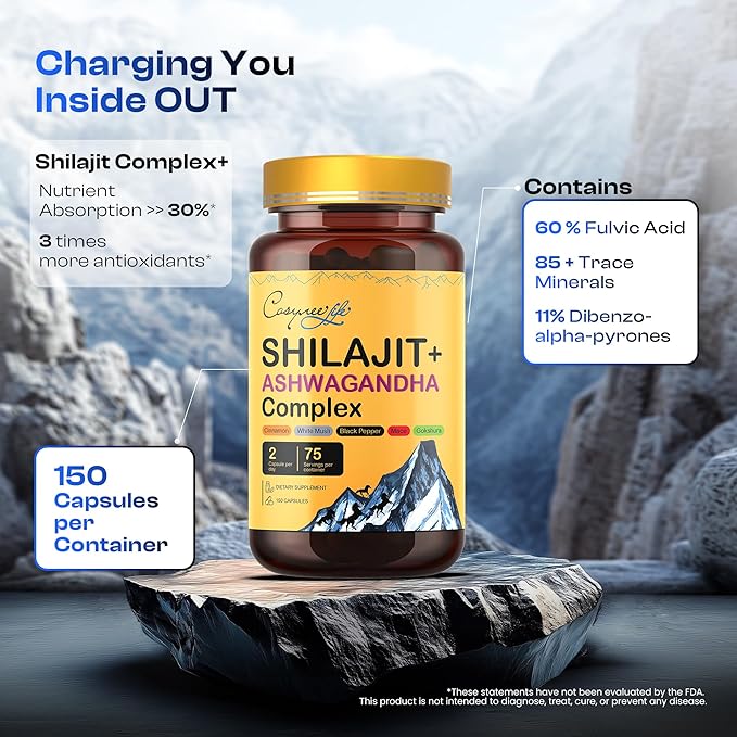 Himalayan Shilajit- Complex with Ashwagandha, Mace, Gokshura, Cinnamon & Piperine | Energy, Vitality & 85+ Trace Minerals, Shilajit for Men, Shilajit for Women, Regular Dose - 150 Capsules