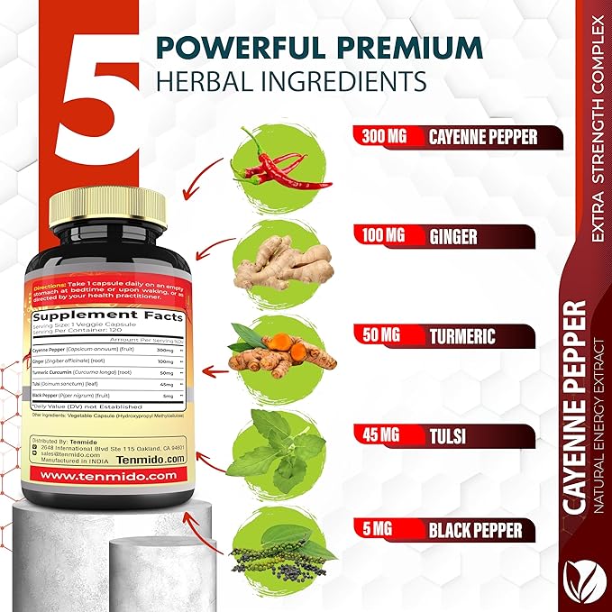 Cayenne Pepper Supplements Extract Capsules, 4 Months Supply with Ginger, Turmeric Curcumin, Tulsi, Black Pepper - Supports Immune System, Promotes Digestive System Function - 120 Vegan Capsules