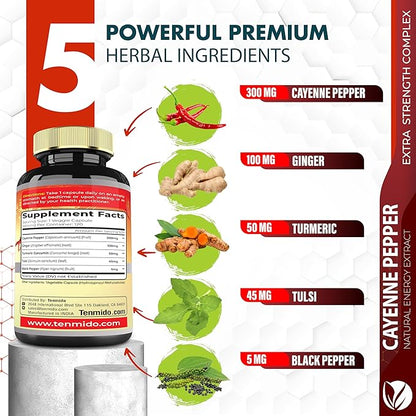 Cayenne Pepper Supplements Extract Capsules, 4 Months Supply with Ginger, Turmeric Curcumin, Tulsi, Black Pepper - Supports Immune System, Promotes Digestive System Function - 120 Vegan Capsules
