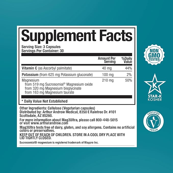 Arthur Andrew Medical, Mag3Ultra Triple Magnesium Supplement, Sucrosomial, Bisglycinate, Taurate for Muscle, Stress, Mood, Nerve, Bone & Heart Support, 90 Capsules
