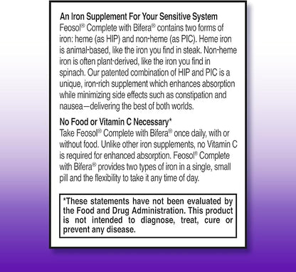 Feosol Complete Iron Supplement Caplets, Bifera Iron for High Absorption, Heme and Non-Heme Dual Action Minimizes Side Effects, 1 Per Day, for Energy and Immune System Support, 30 Count (Pack of 36)