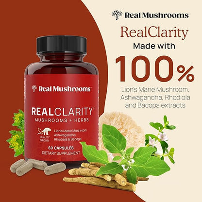 Real Mushrooms RealClarity Mushroom Powder Capsules - Brain Supplement with KSM-66 Ashwagandha Extract for Mental Clarity, Focus - Organic Lions Mane Capsules Focus Supplements for Adults, 60ct