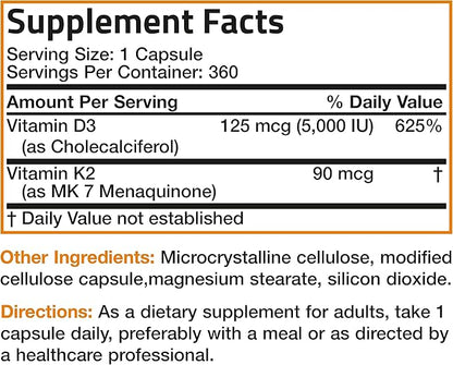 Bronson Vitamin K2 (MK7) with D3 Supplement Non-GMO Formula 5000 IU Vitamin D3 & 90 mcg K2 MK-7 Easy to Swallow D & K Complex, 360 Capsules