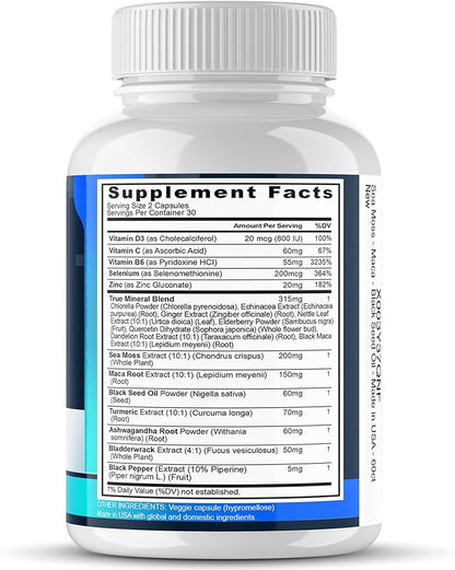 Sea Moss Maca Black Seed Oil Ashwagandha Bladderwrack Turmeric - Manuka Honey, Elderberry, Vitamin C & D3, Dandelion & Black Pepper - Non-GMO - Vegan - Made in USA - 60ct