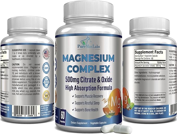 High Absorption Magnesium Citrate Complex 500mg Magnesium Citrate & Oxide – Supports Calm Sleep, Muscle Cramp Relief, Muscle Recovery, Healthy Teeth & Bones, Non-GMO – 60 Vegetable Capsules