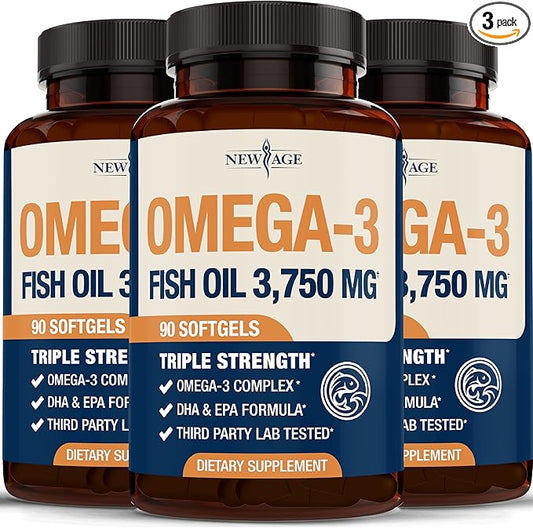 Triple Strength Omega 3 Fish Oil 3750 mg - EPA & DHA - Over 3000mg Omega-3 Fatty Acids - 1350mg EPA + 900mg DHA - Best Essential Fatty Acids, Burpless Fish Oil - 270 Count