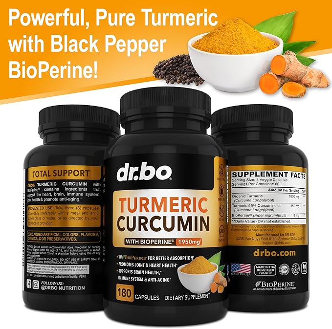 Turmeric Curcumin with BioPerine Supplement Capsules - Support Supplements with 1950mg Curcuma Longa Pure Organic Tumeric and Curcumin BioPerine Black Pepper - 180 Turmeric Pills