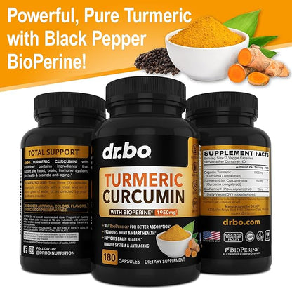 Turmeric Curcumin with BioPerine Supplement Capsules - Support Supplements with 1950mg Curcuma Longa Pure Organic Tumeric and Curcumin BioPerine Black Pepper - 180 Turmeric Pills