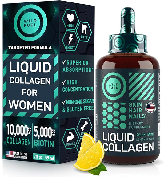 WILD FUEL Liquid Collagen Peptides with Biotin Vitamins for Hair Skin and Nails - 10,000mcg Liquid Collagen for Women and Men 5,000mcg Biotin - Lemon Flavor, 2-Month - 2 oz