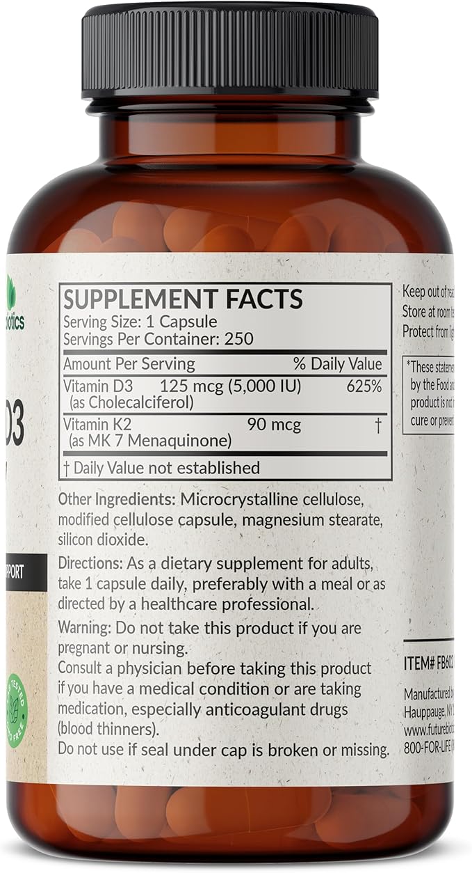 Futurebiotics Vitamin K2 (MK7) with D3 Supplement - Non-GMO Formula - 5000 IU Vitamin D3 & 90 mcg Vitamin K2 MK-7, 250 Vegetarian Capsules