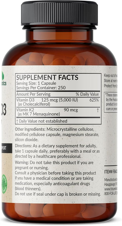 Futurebiotics Vitamin K2 (MK7) with D3 Supplement - Non-GMO Formula - 5000 IU Vitamin D3 & 90 mcg Vitamin K2 MK-7, 250 Vegetarian Capsules