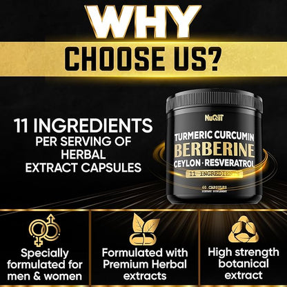 Berberine Supplement. Added Turmeric Curcumin, Trans-Resveratrol & More - Support Gastrointestinal, Body Management & Immune System - 60 Capsules