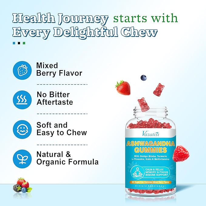 2 Pack Ashwagandha Gummies with Turmeric GABA Mood Energy and Immune Support, Mixed Berry Flavor 120 Cts