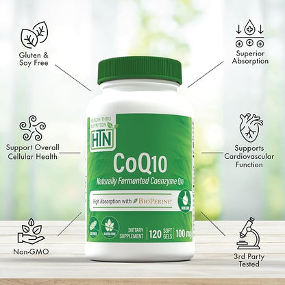 Health Thru Nutrition CoQ-10 100mg with BioPerine 120 Softgels | High Absorption Naturally Fermented USP Grade Coenzyme Q10 Supplement | 3rd Party Tested | Heart Health and Energy Support