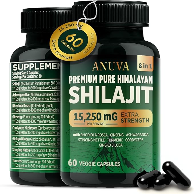 Anuva Pure Premium Himalayan Shilajit 15,250mg, with Ashwagandha, Cordyceps Mushroom, Turmeric, Ginseng, Gingko Biloba, Stinging Nettle, 60 Vegetarian Capsules | Shilajit for Men, Shilajit for Women