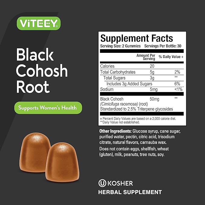 Black Cohosh for Menopause Gummies for Women - Hot Flashes and Night Sweats Relief Supplements - Black Cohosh Root - Vegan, Gelatin Free, Gluten Free, GMO Free - Tasty Chewable Peach Flavored Gummy