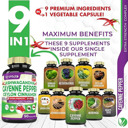 Cayenne Pepper Supplements Capsules, 3 Months Supply & Ashwagandha, Ceylon Cinnamon, Grape Seed, Quercetin, Moringa, Ginkgo Biloba - Heart Wellness, Promotes Digestive Health -90 Caps