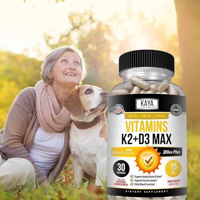 Kaya Naturals Vitamins K2 with D3 5000IU Supplement for Men and Women - Easy to Swallow - Bioperine Capsules (30 Count (Pack of 1)