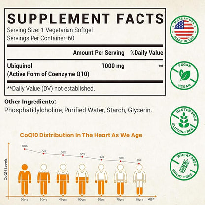 1000mg Liposomal CoQ10 Ubiquinol, 360 Vegan Softgels, High Absorption Ubiquinol CoQ10 Supplement, Active Antioxidant Form of Coenzyme Q10 for Heart Function & Energy Production
