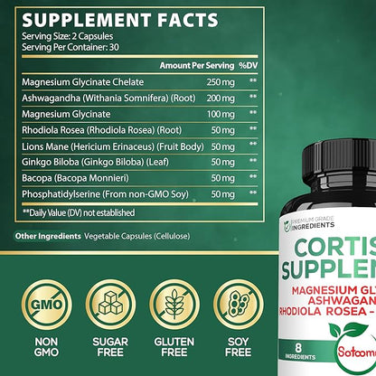 Satoomi 8in1 Cortisol Manager - Supplement with Magnesium Glycinate, Ashwagandha, Rhodiola Rosea, Lions Mane & More - Cortisol Reducer Men & Women - 60 Capsules