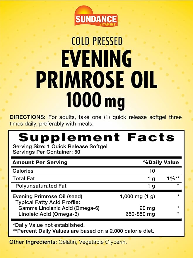 Sundance Evening Primrose Oil 1000mg for Women | Cold Pressed Formula | Non-GMO & Gluten Free Supplement