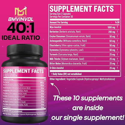 BMVINVOL Inositol Supplement - Myo-Inositol and D-Chiro Inositol Ideal 40:1 Ratio - Plus Berberine, Cinnamon, Ashwagandha + 5 More - 90 Capsules
