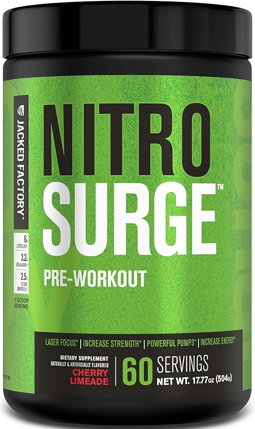 Jacked Factory NITROSURGE Pre Workout Supplement - Endless Energy, Instant Strength Gains, Clear Focus, Intense Pumps - Nitric Oxide Booster & Preworkout Energy Powder - 60 Servings, Cherry Limeade