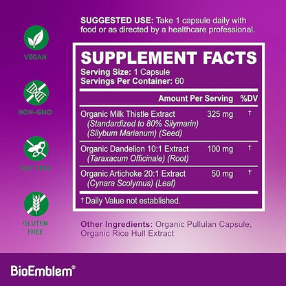 BioEmblem USDA Organic Liver Cleanse - 80% Silymarin Milk Thistle Extract for Liver Health and Liver Function with Dandelion & Artichoke Extracts - 100% Vegan, Non-GMO - Herbal Liver - 60 Capsules