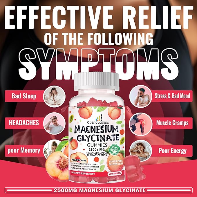 Magnesium Glycinate Gummies 2500mg - Sugar Free Magnesium Potassium Supplement with Vitamin D, B6, CoQ10 for Calm Mood & Sleep Support - 90 Peach Gummies